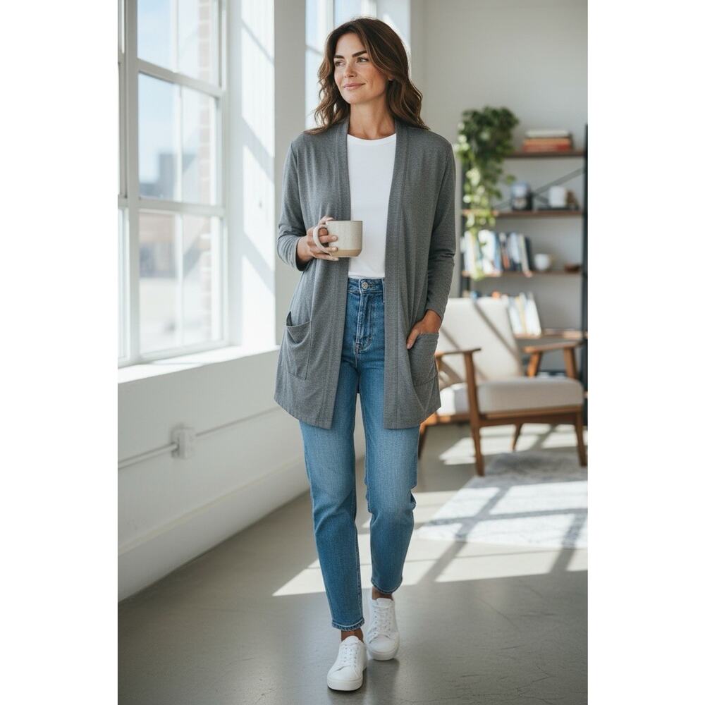 Cielo Gray Open Sweater Top Sz L Long-Sleeve Long Fit Blouse Pockets Layering - Picture 2 of 7